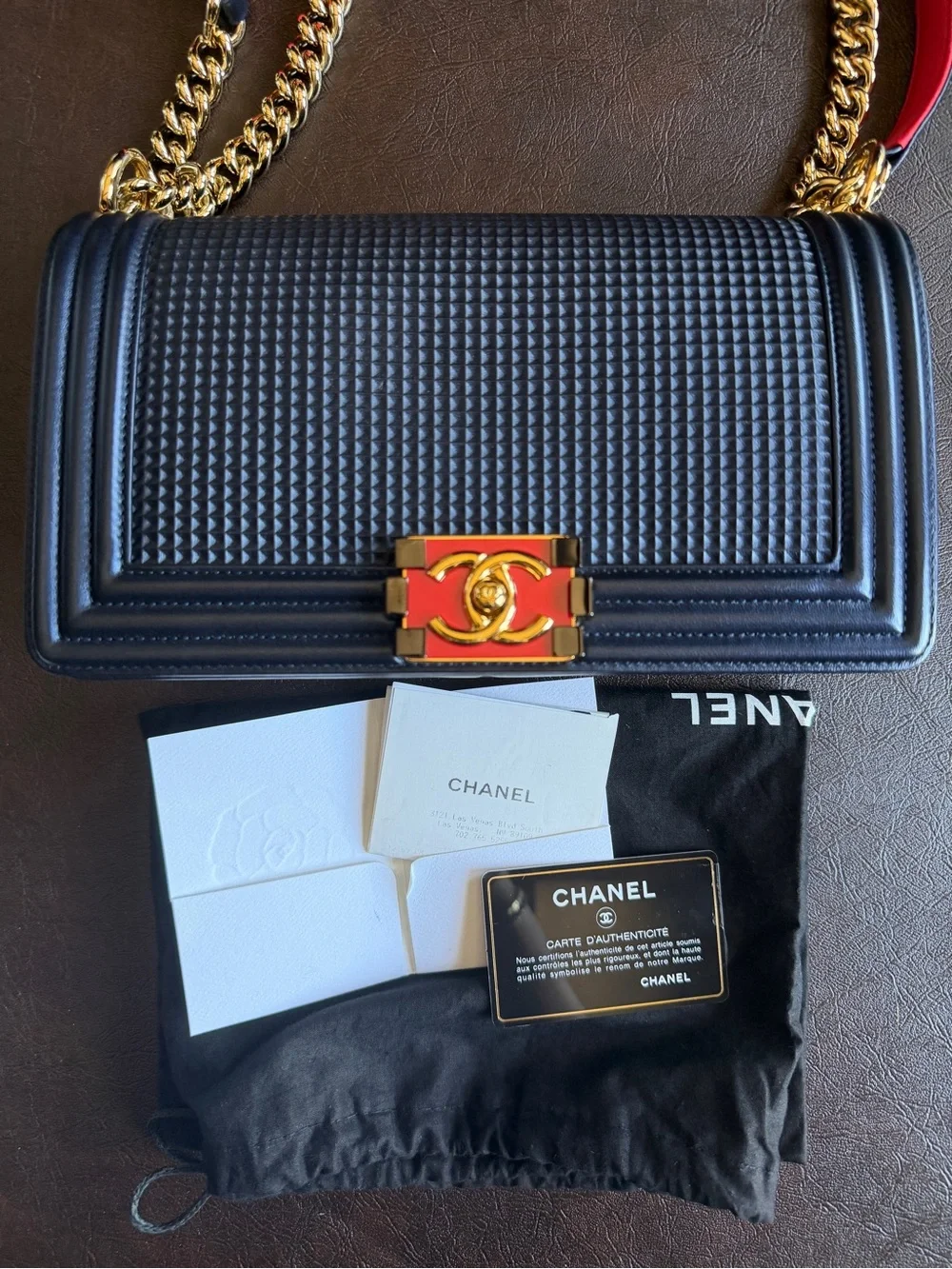 CHANEL Metallic Cube Embossed Lambskin Boy Flap Bag